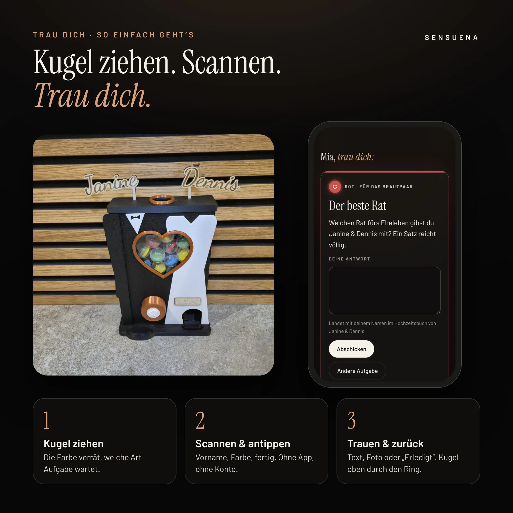 So funktioniert Trau Dich: Kugel ziehen, QR-Code scannen, Aufgabe auf dem Handy, Kugel zurück