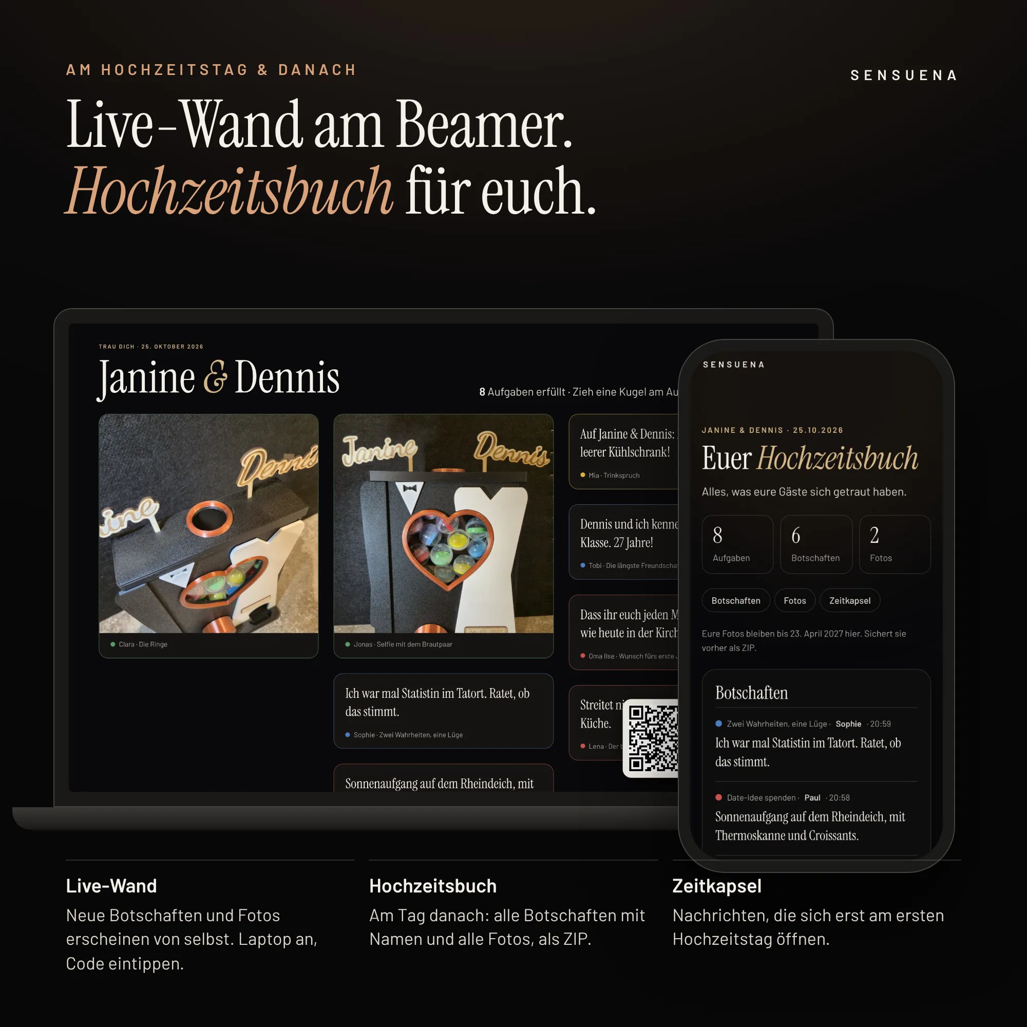 Live-Wand am Beamer und Hochzeitsbuch auf dem Handy