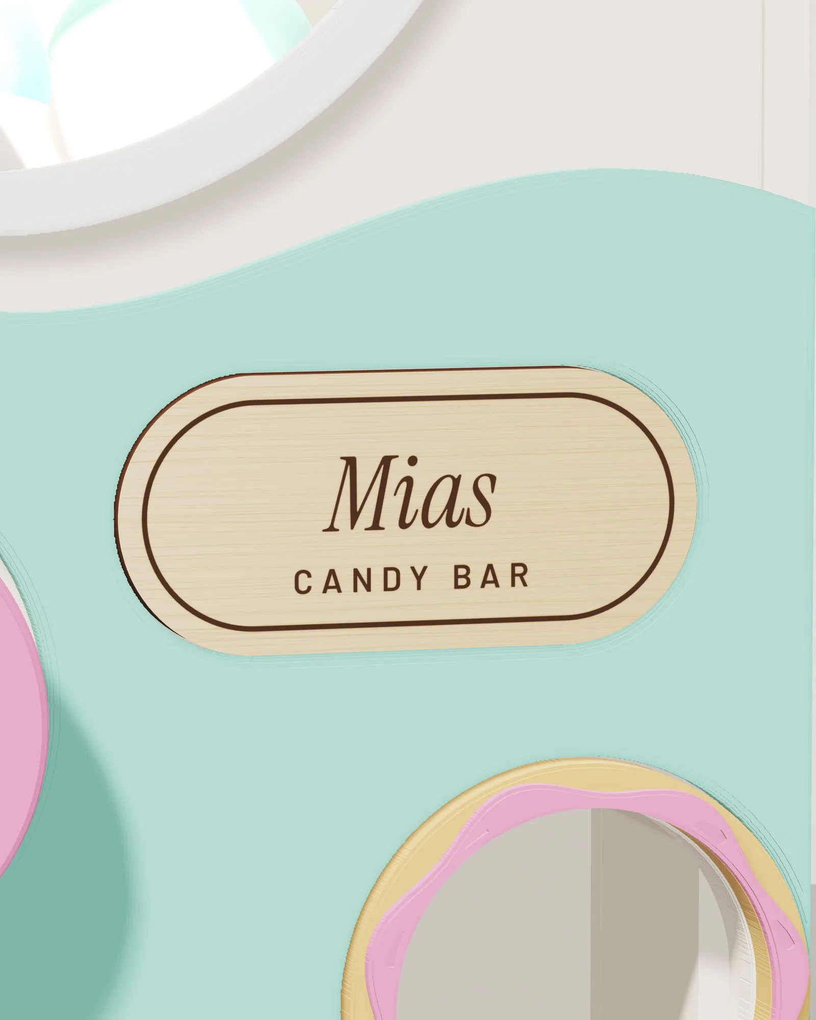 Kapselautomat Candy Bar, Detail mit graviertem Holzschild (Visualisierung)