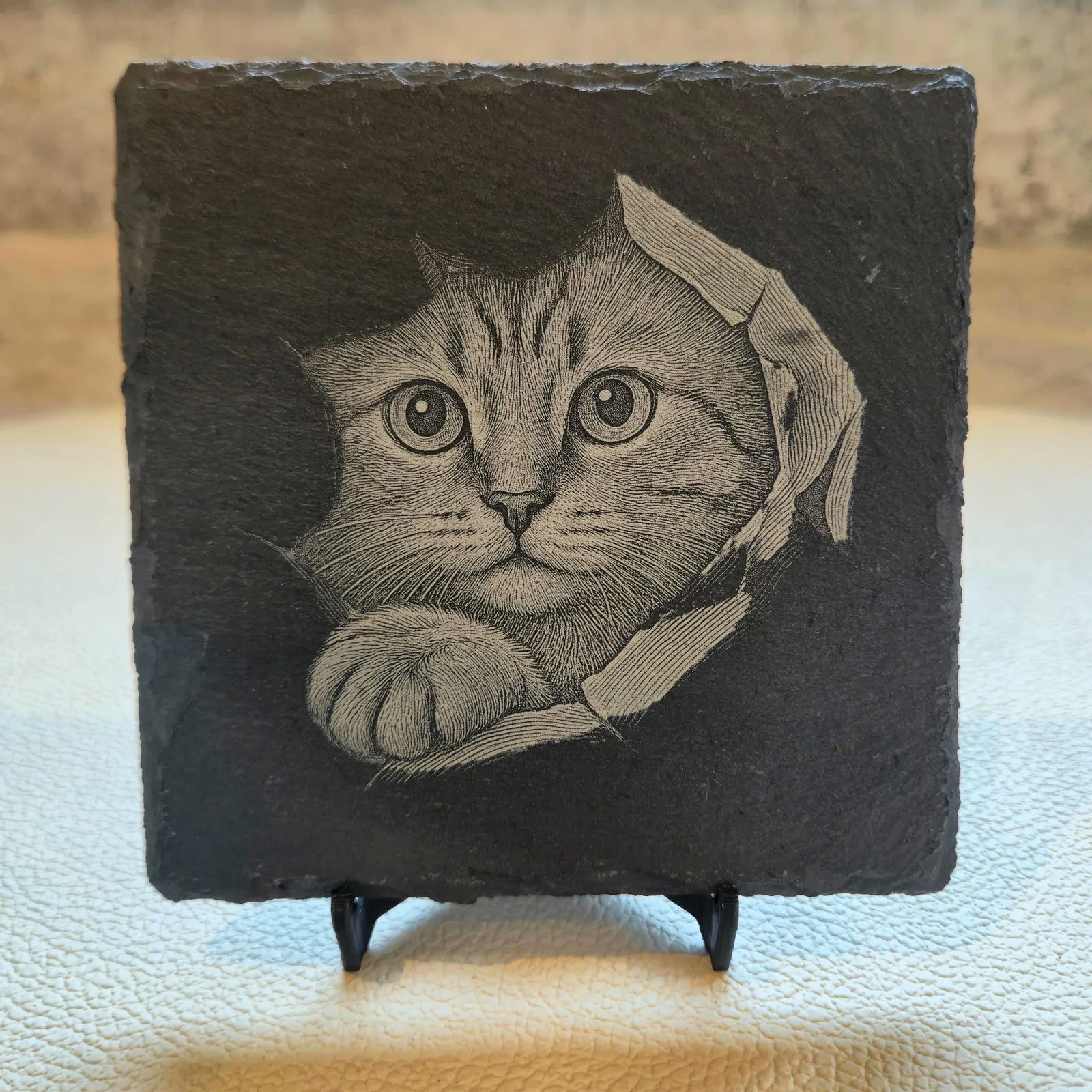 Schiefer-Untersetzer mit Fotogravur einer Katze, auf Aufsteller