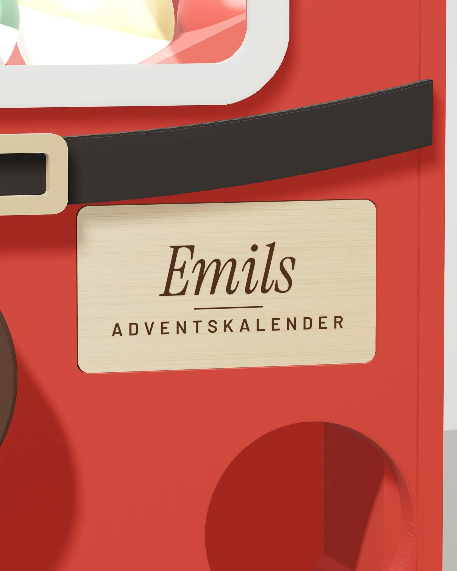 Kapselautomat Weihnachtsmann, Detail mit graviertem Holzschild (Visualisierung)