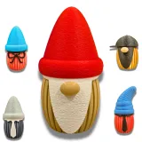 Wichtel mit Mütze Klassisch in Rot und Bart mit Nase, daneben kleine Varianten mit Schleife, BaseCap, Krawatte und Hörnchen