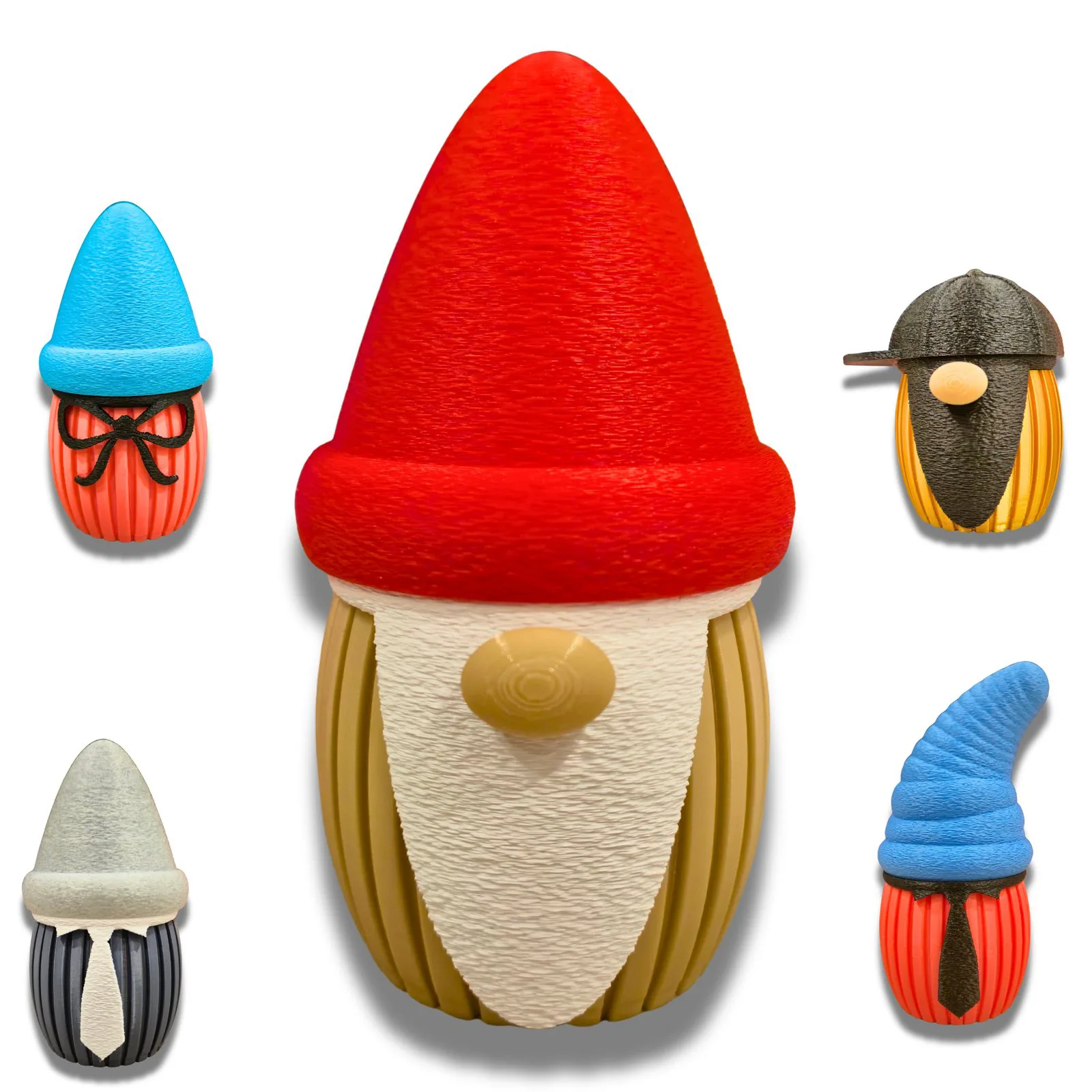 Wichtel mit Mütze Klassisch in Rot und Bart mit Nase, daneben kleine Varianten mit Schleife, BaseCap, Krawatte und Hörnchen